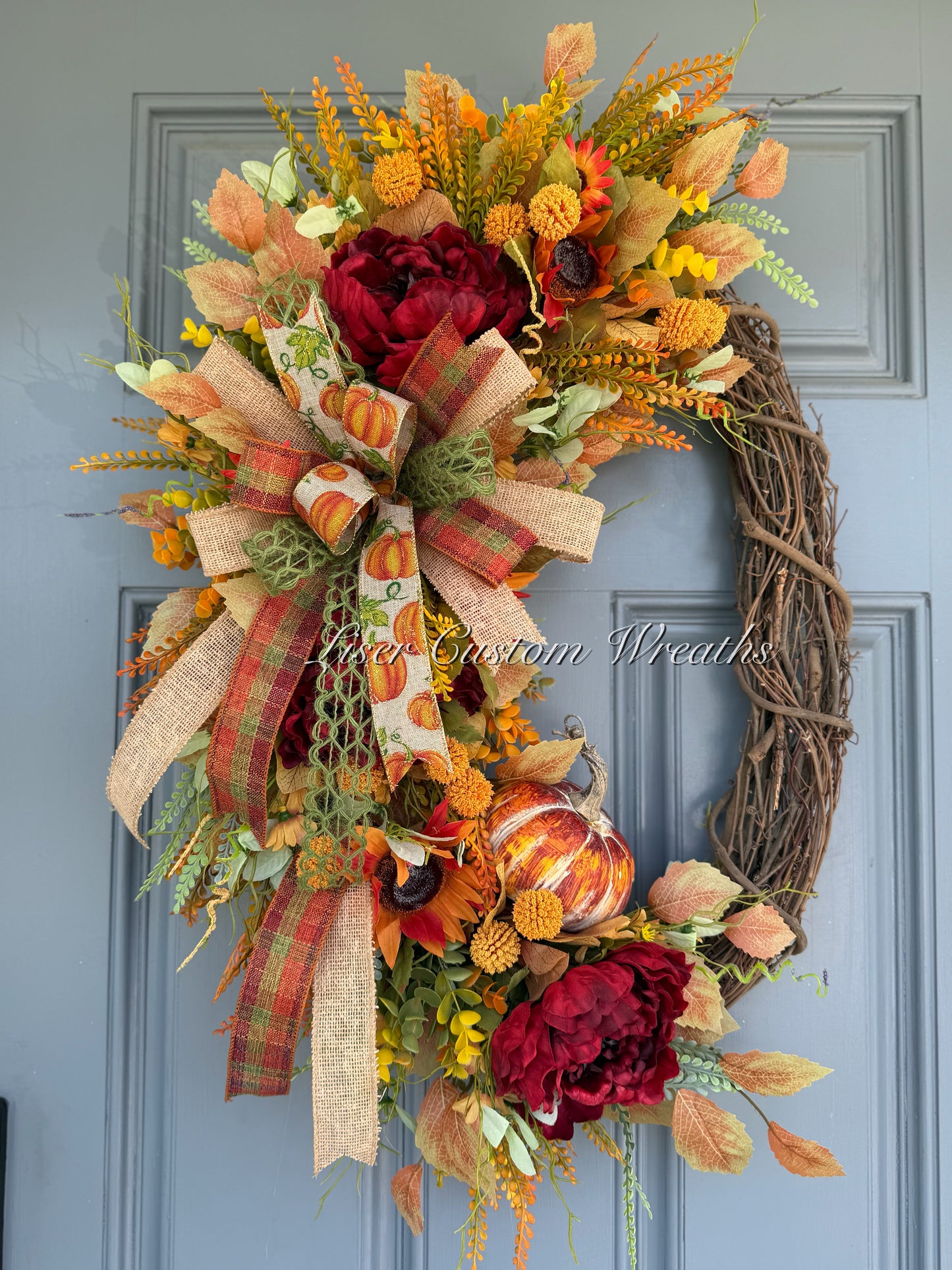 Fall Wreath with Burgundy Peonies, Pumpkin & Burlap Bow | Handmade Autumn Front Door Decor