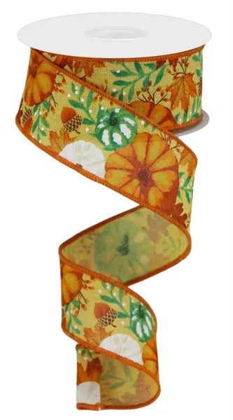 1.5 Inch Fall Pumpkin & Maple Leaf Wired Ribbon - RGB10804C