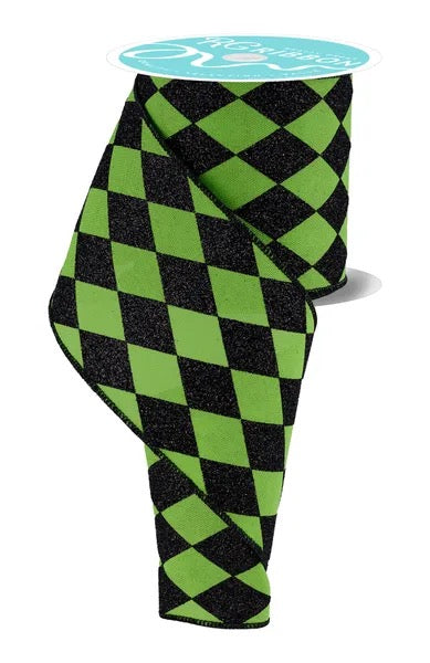 4” Halloween Harlequin Wired Ribbon | Lime Green & Black Glitter Diamond Ribbon - RGF151933