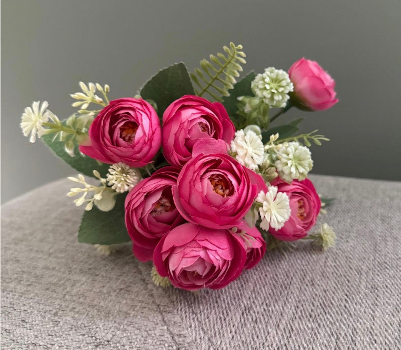 Artificial Pink Ranunculus Floral Bouquet with Cream Accents
