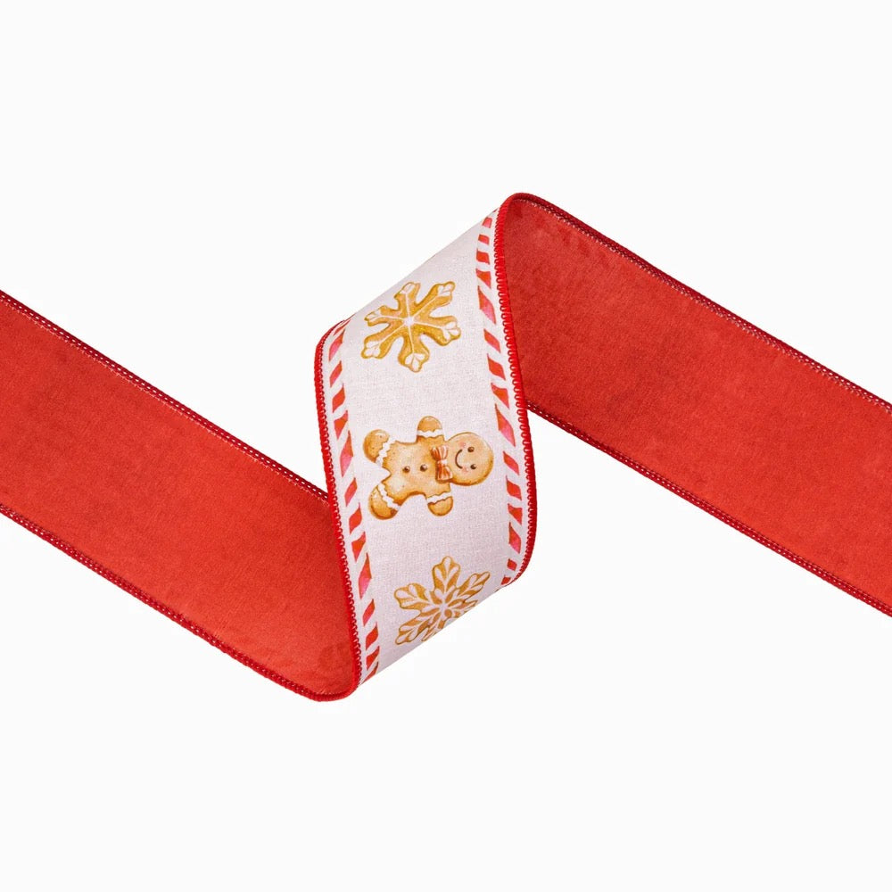 2 1/2" Wired Dupioni Ribbon | Gingerbread Cookies on White w/ Red Backing | 10 Yard Roll