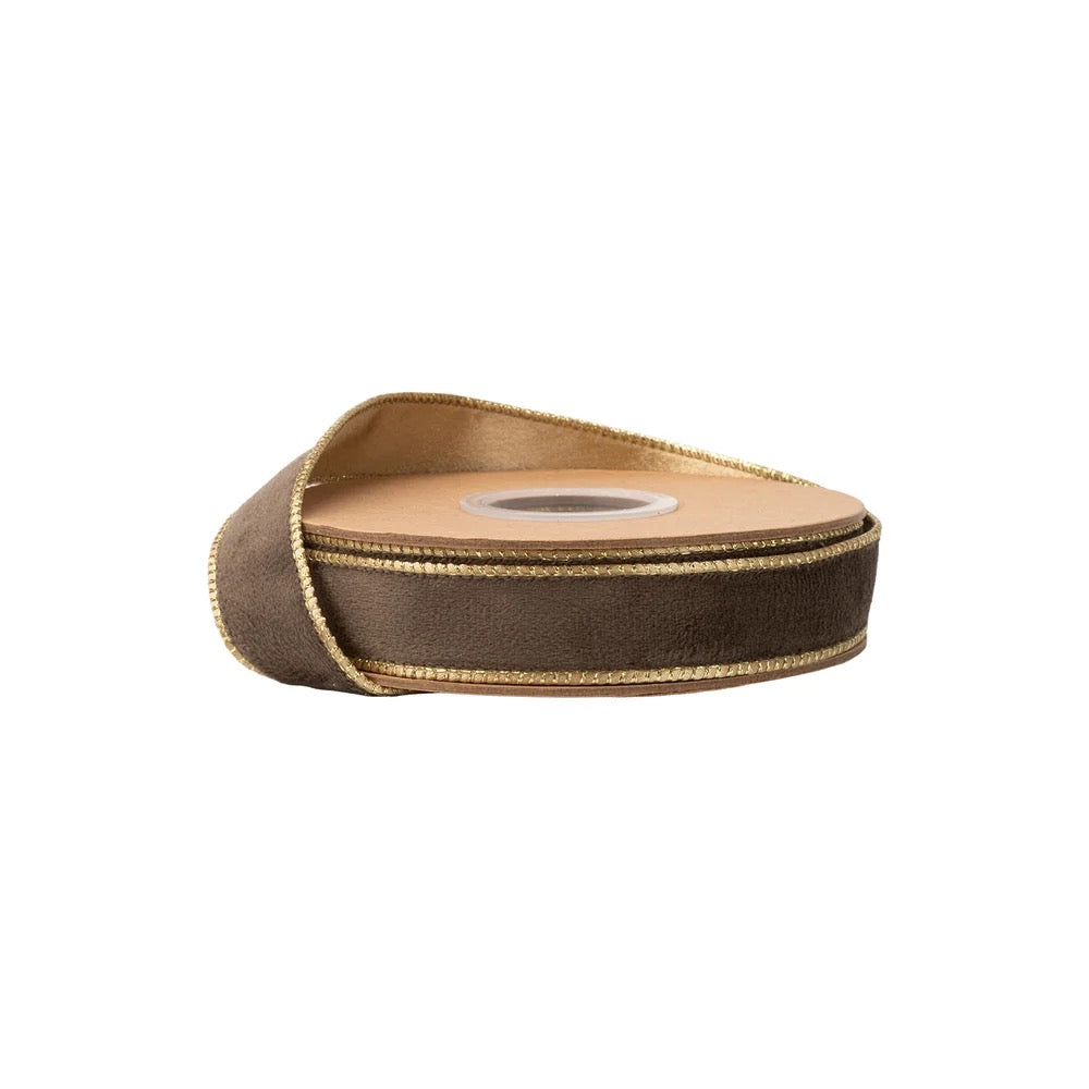 1” Reversible Classic Velvet Wired Ribbon | Brown w/ Gold Shimmer Satin Backing | 10 Yard Roll