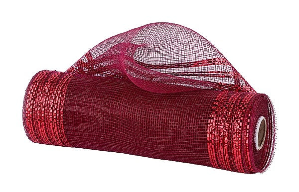 10" x 10yd Border Stripe Metallic Mesh / Burgundy W/Red Foil