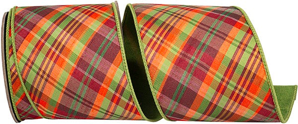 Reliant - 4inch x 5 yards Plaid Tierra Sage Diagonal Fused Dupioni Backed Wired Edge Ribbon - 94755W-577-10D