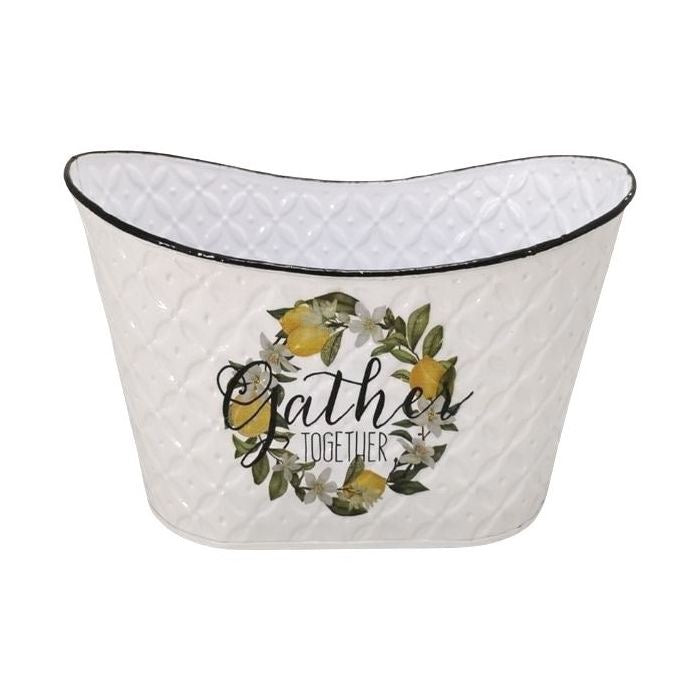 11" X 6" X 5.75" OVAL LEMON PLANTER W/ LINER - WHITE
