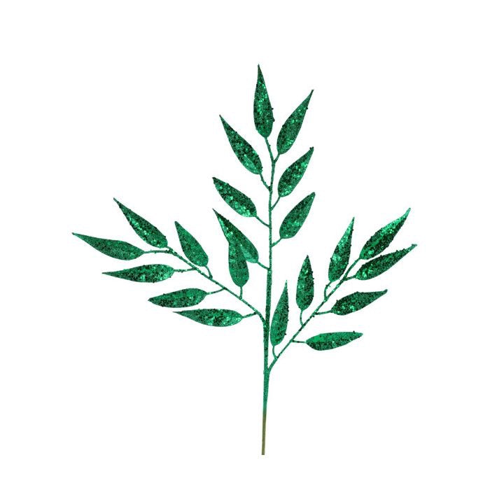 28"L Glitter/Hex Glitter Leaf Spray - Emerald Green