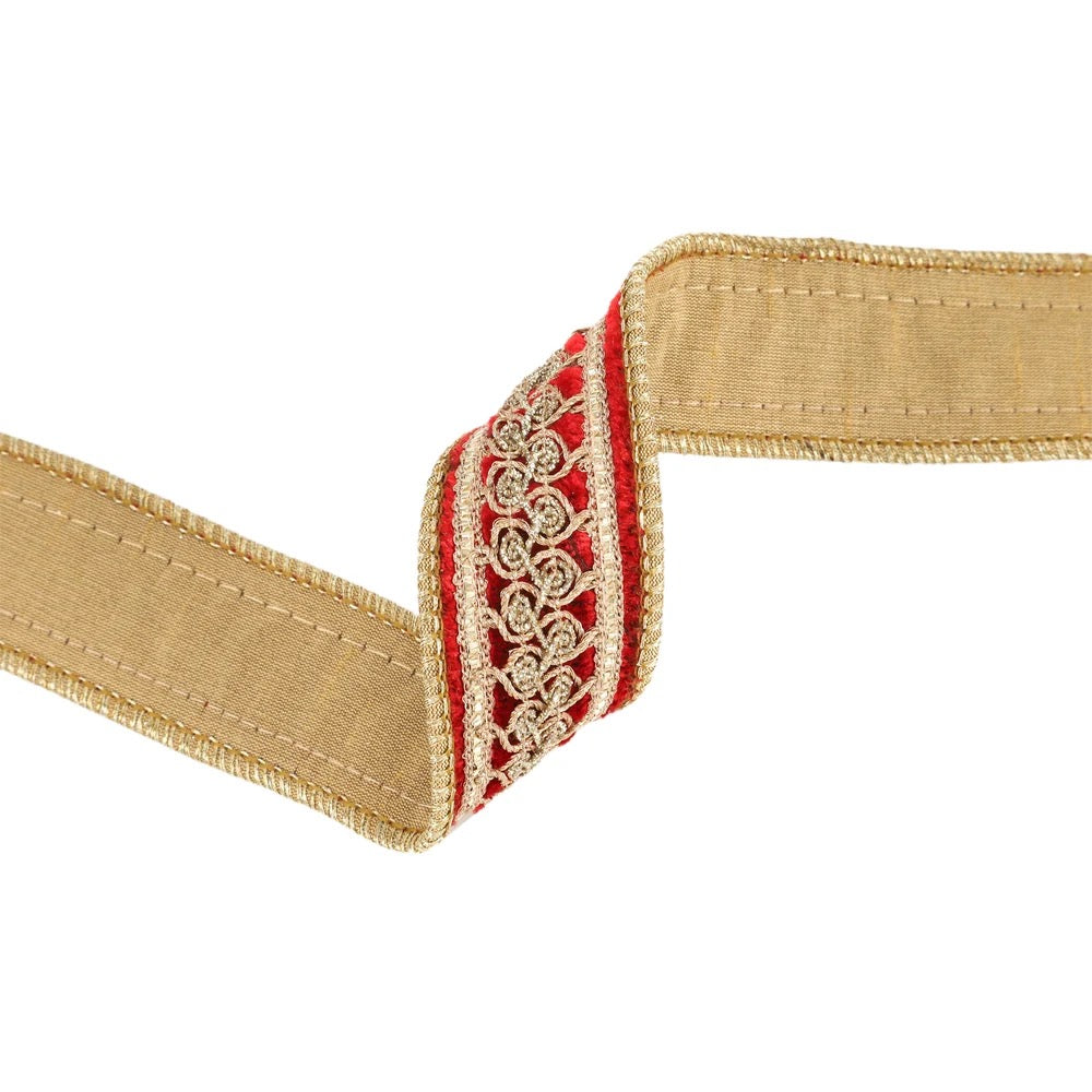 1 1/2" Double-Fused Wired Velvet Ribbon w/ Metallic Trim | Red/Gold | 10 Yard Roll
