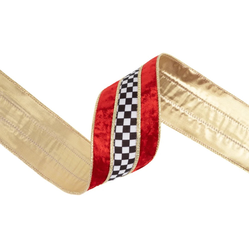 2 1/2" Wired Velvet Ribbon | Black/White Check w/ Red Banded w/ Gold Backing | 10 Yard Roll