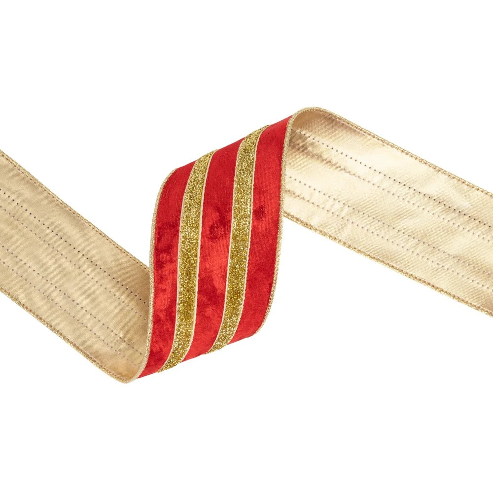 2 1/2" Wired Velvet Ribbon | Red w/ Gold Metallic Trim w/ Gold Backing | 10 Yard Roll