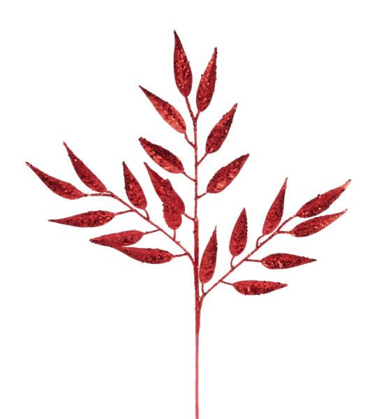 28"L Glitter/Hex Glitter Leaf Spray - Red