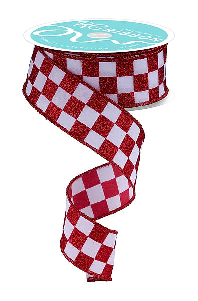 1.5" x 10yd Print Glitter Check Red and White - RGH105967