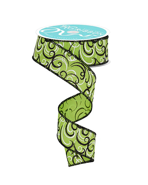 1.5" x 10yd Multi Swirls Lime Green and Black - RGF132233