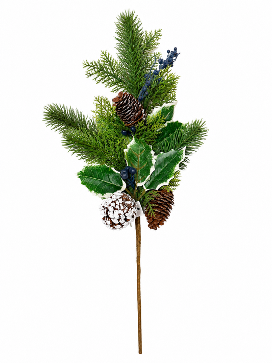 22 Inch Spray W/Berry and Pine and Cedar,Pine Cone,Holly Leaves Green