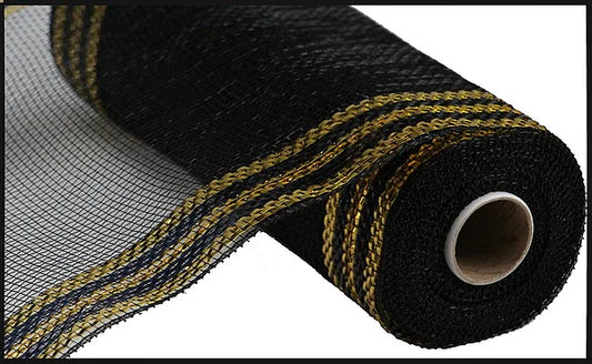 10" x 10yd Border Stripe Metallic Mesh Black and Gold Deco Mesh - RE8503F8