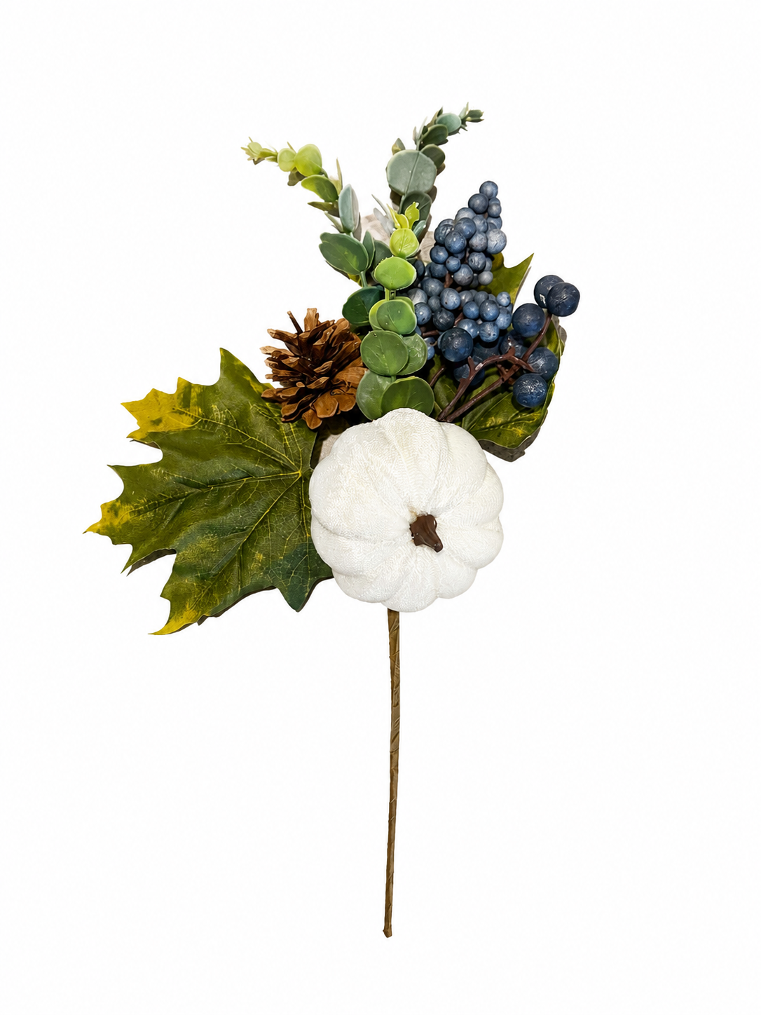 15 Inch Velvet Pumpkin Pick W/Mpale,Pinecone, Blueberry, Eucalyptus
