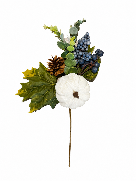 15 Inch Velvet Pumpkin Pick W/Mpale,Pinecone, Blueberry, Eucalyptus