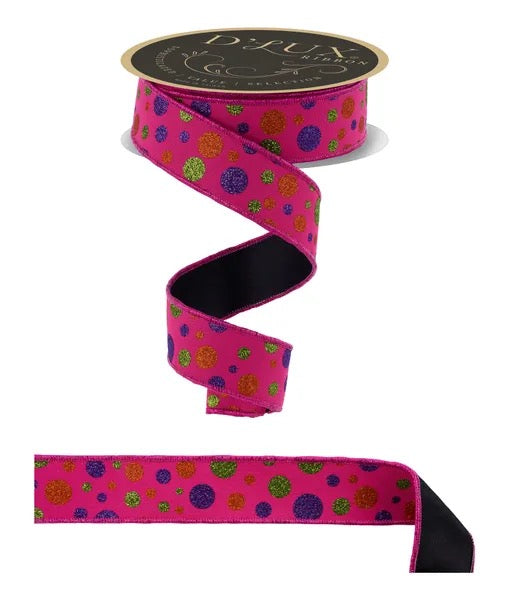 DLux 1.5 Inch x 10 Yards | Hot Pink Glitter Polka Dot Wired Ribbon - LX317211