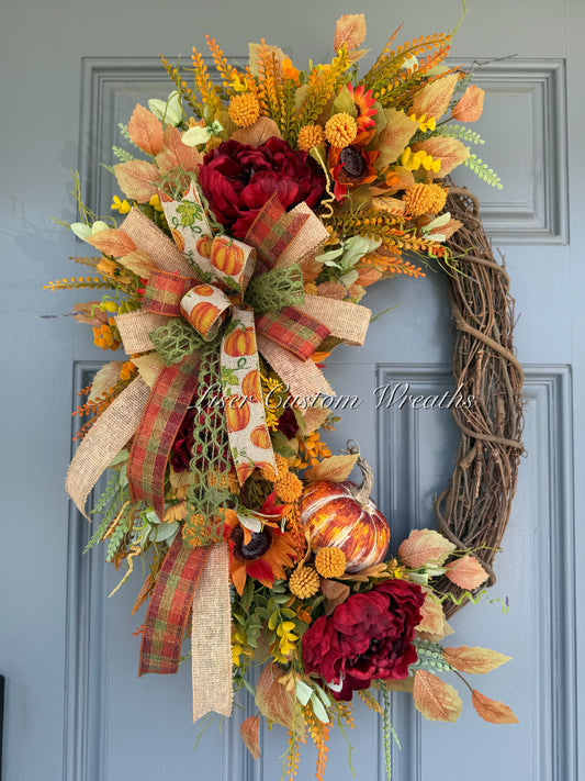 Fall  Wreath with Burgundy Peonies, Pumpkin & Burlap Bow | Handmade Autumn Front Door Decor