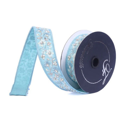 Farrisilk 1.5” Wired Ribbon – Aqua Embroidered Wired Ribbon - SR170-05