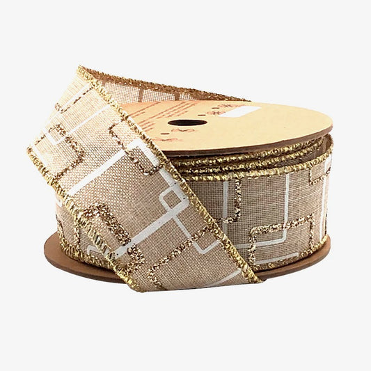 LA Ribbon 1.5” Wired Ribbon Beige Gold Geometric Pattern Ribbon - WR-10188-038-10