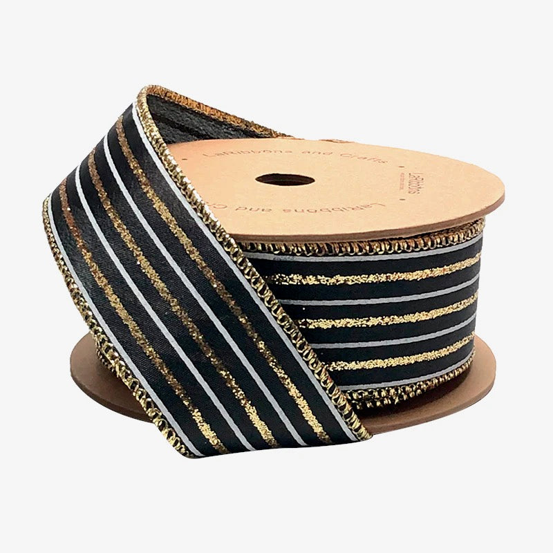 LA Ribbon 1.5” Black & Gold Striped Wired Ribbon - WR-10177-038-10