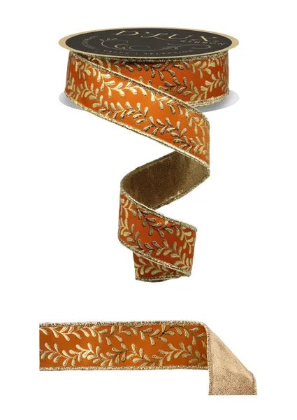 DLux 1.5” x 10yd Fall Orange & Gold Leaf Wired Ribbon - LX3141T3
