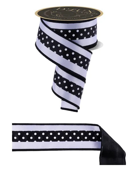 DLux 2.5” x 10yd Black & White Polka Dot Wired Ribbon - LX3077X6
