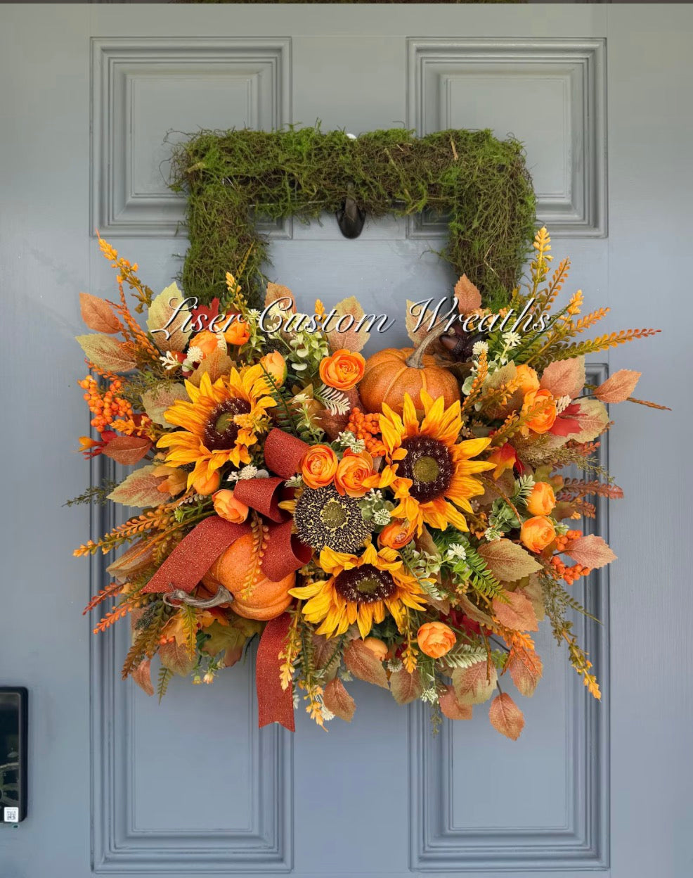Luxury Sunflower & Pumpkin Moss Wreath – Handmade Fall Front Door Wreath | Autumn Harvest Décor