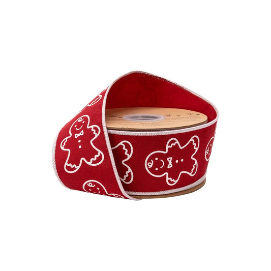 2 1/2" Wired Cotton Linen Fabric Ribbon | Printed Gingerbread on Red | 10 Yard Roll