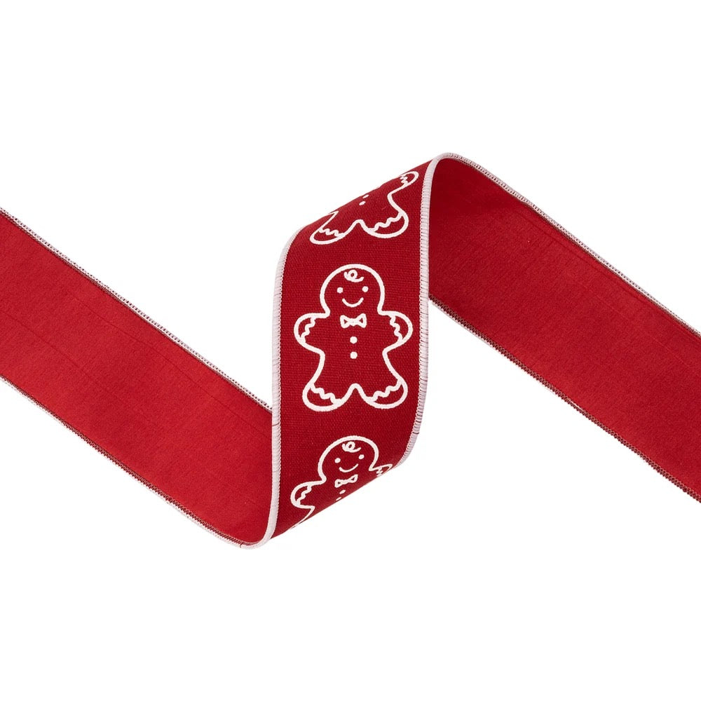 2 1/2" Wired Cotton Linen Fabric Ribbon | Printed Gingerbread on Red | 10 Yard Roll