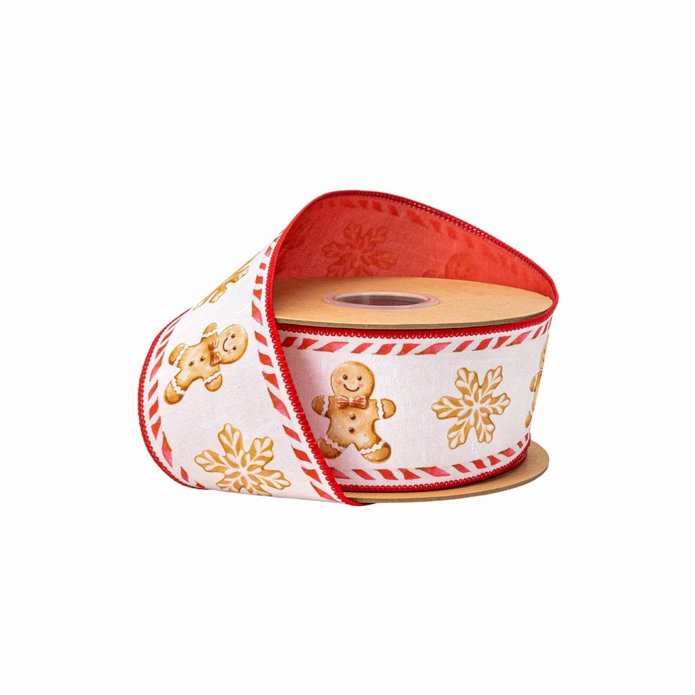 2 1/2" Wired Dupioni Ribbon | Gingerbread Cookies on White w/ Red Backing | 10 Yard Roll