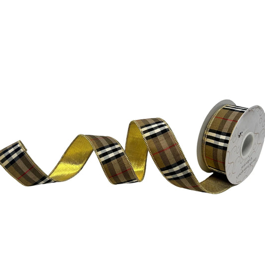 Berry Black and Tan Plaid Ribbon w/ Gold back 1.5" x 10yd | IR