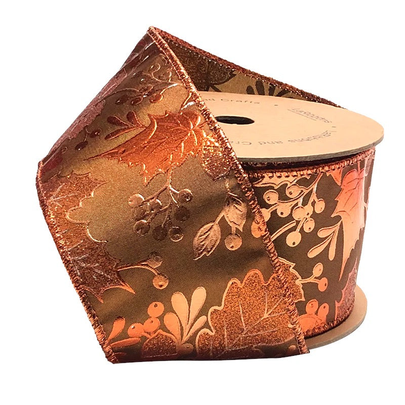 LA Ribbon 2.5  "Metallic Leaf" Brown/Copper Wired Ribbon - WR-10106-063-10