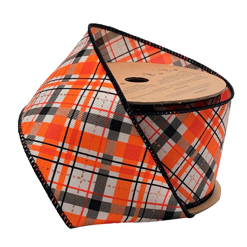 LA Ribbon "Halloween Plaid" White/Org/Black Wired Ribbon - WR-10111-063-10