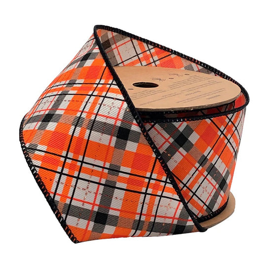 LA Ribbon "Halloween Plaid" White/Org/Black Wired Ribbon - WR-10111-063-10