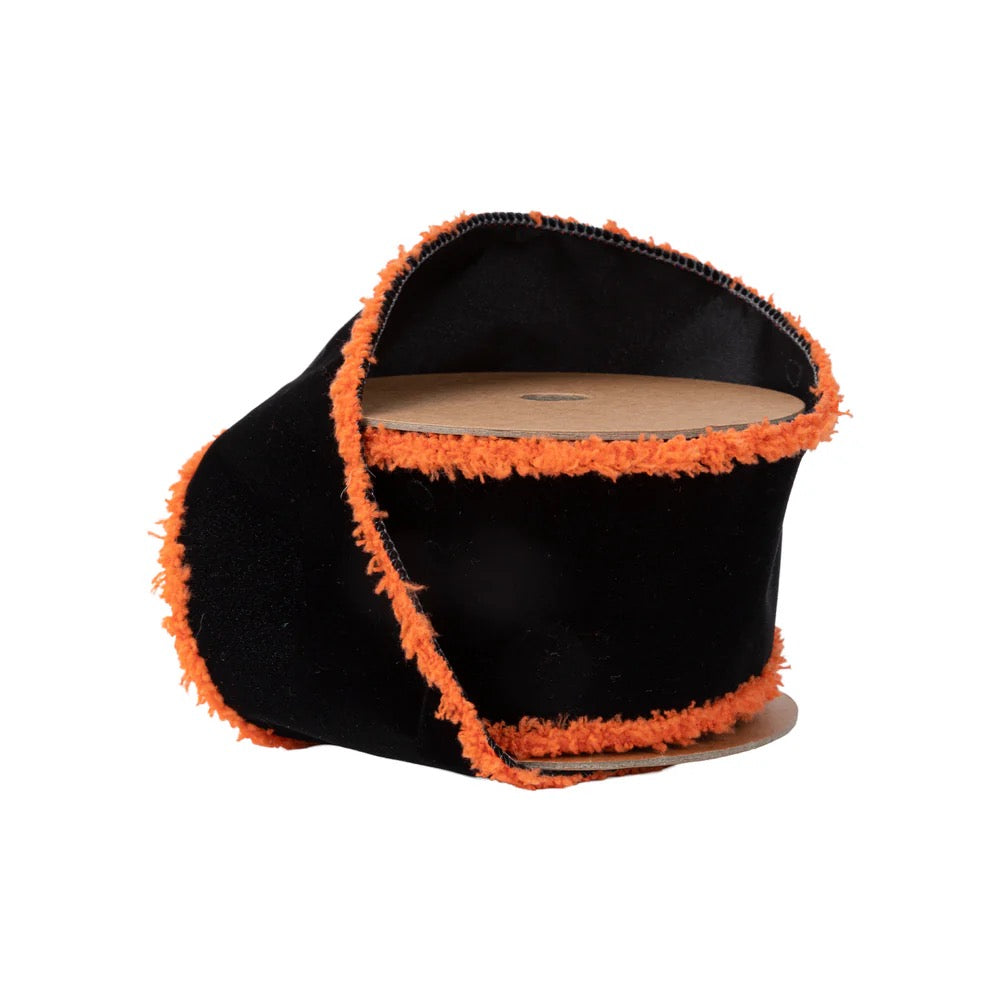 LA Ribbon Black with Orange Fuzzy Edge Wired Ribbon - 6016W-030-63E