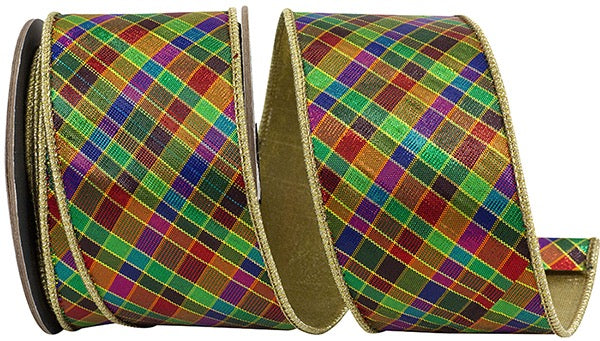 Reliant - 2.5x 5yards Plaid Metallic Jewel Tone Deluxe Metallic Backed Wired Edge Ribbon  - 94438W-001-40D