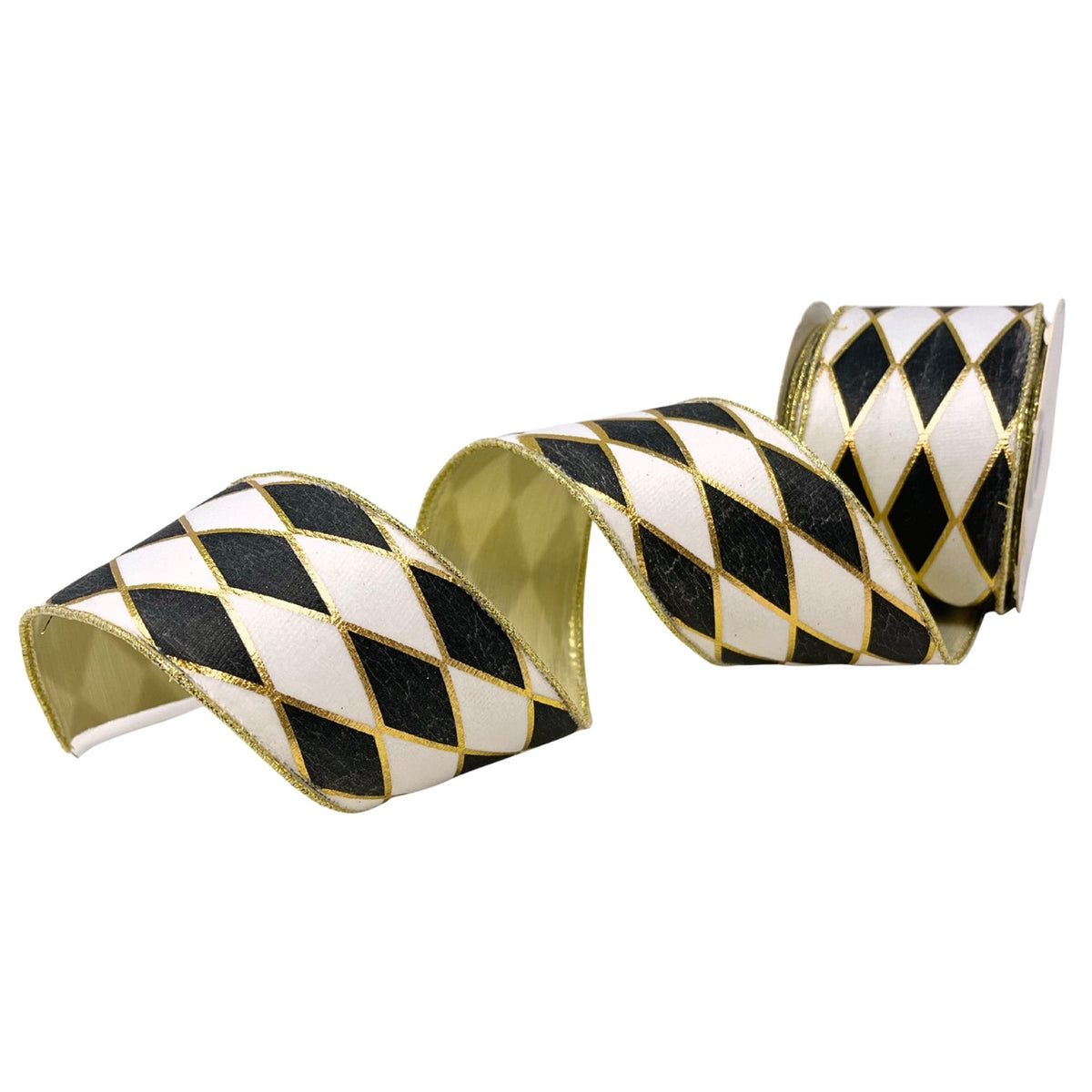 BLACK/WHITE/GOLD DIAMOND RIBBON PLATINUM BACK 2.5” X 10YD