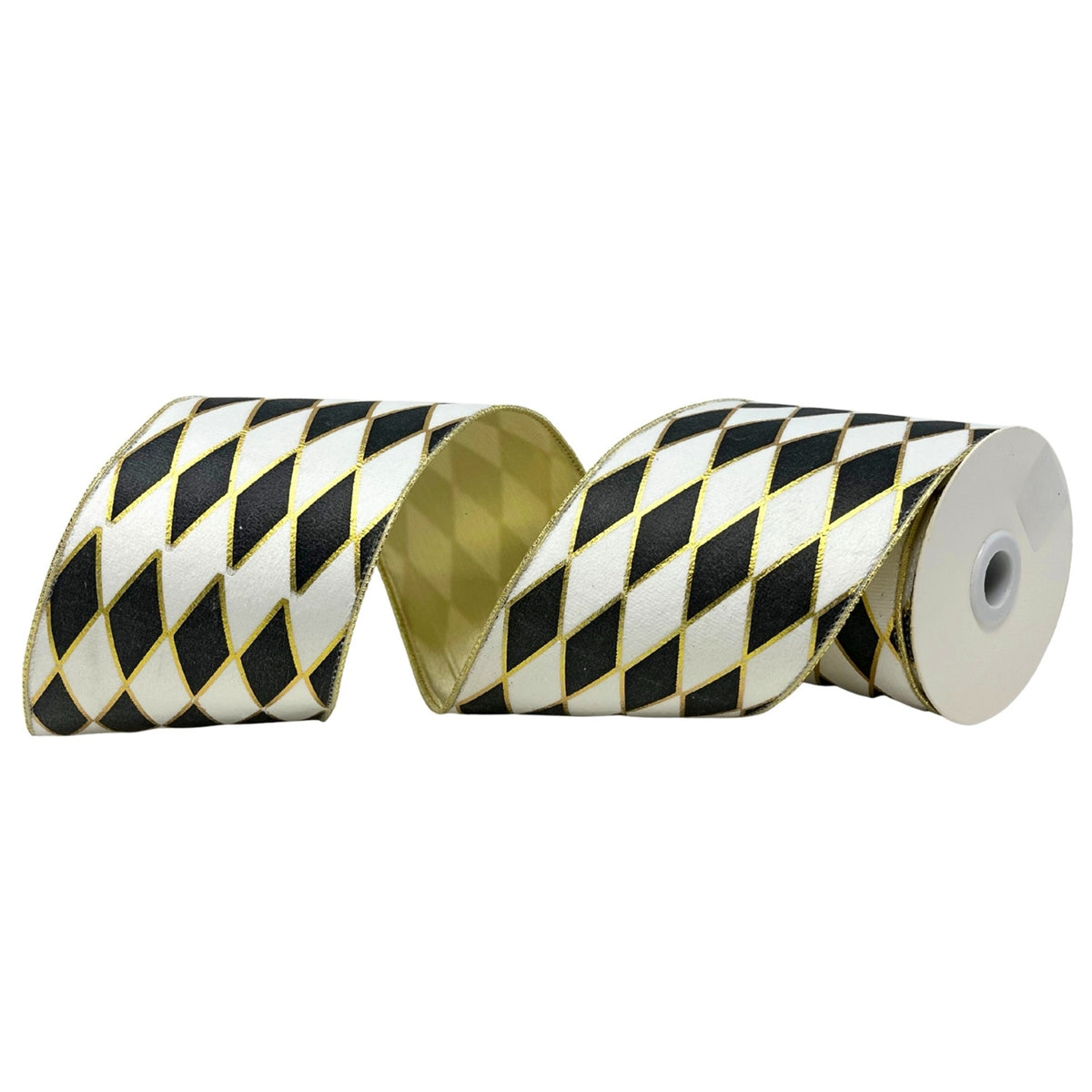 BLACK/WHITE/GOLD DIAMOND RIBBON PLATINUM BACK 4” X 10YD