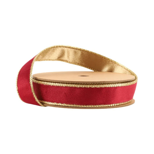 1" Reversible Classic Velvet Wired Ribbon | Burgundy/Gold | 10 Yard Roll