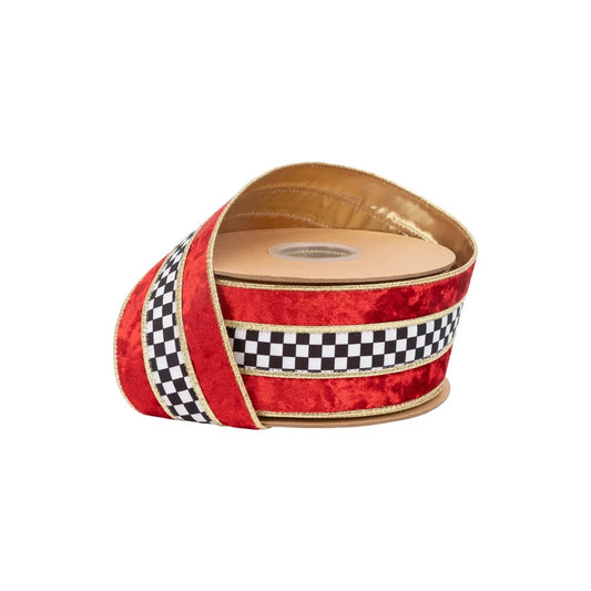 2 1/2" Wired Velvet Ribbon | Black/White Check w/ Red Banded w/ Gold Backing | 10 Yard Roll