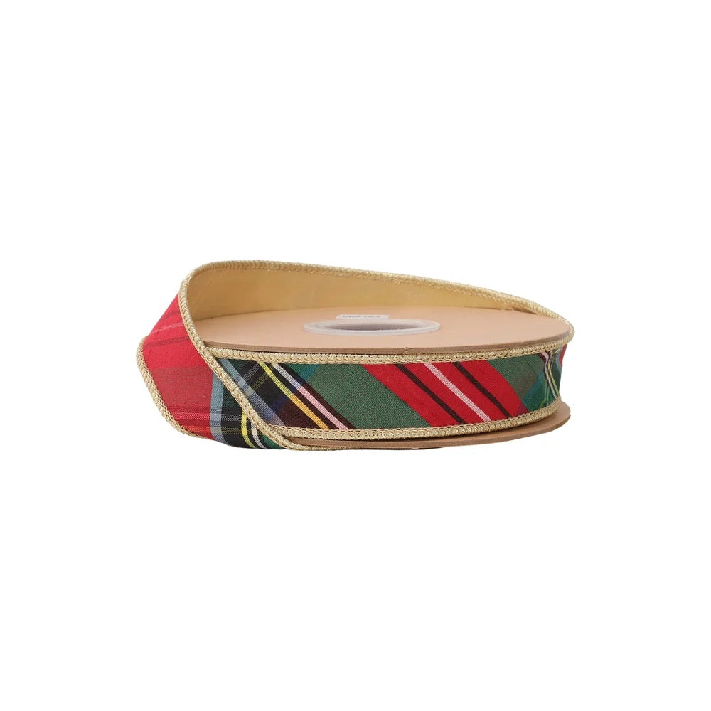 1" Wired Ribbon | Bold Christmas Plaid w/ Metallic Gold Backing | 10 Yard Roll