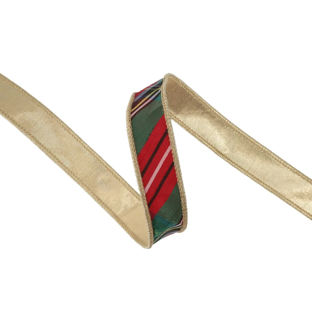1" Wired Ribbon | Bold Christmas Plaid w/ Metallic Gold Backing | 10 Yard Roll