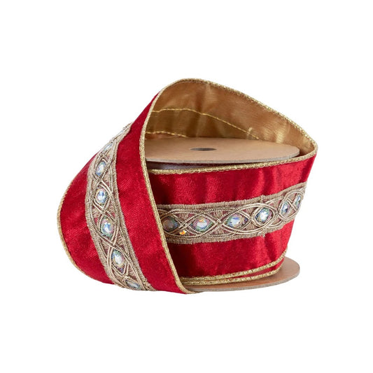 2 1/2" Wired Velvet Ribbon | Red with Gold Trim and Iridescent Jewel | 10 Yard Spool