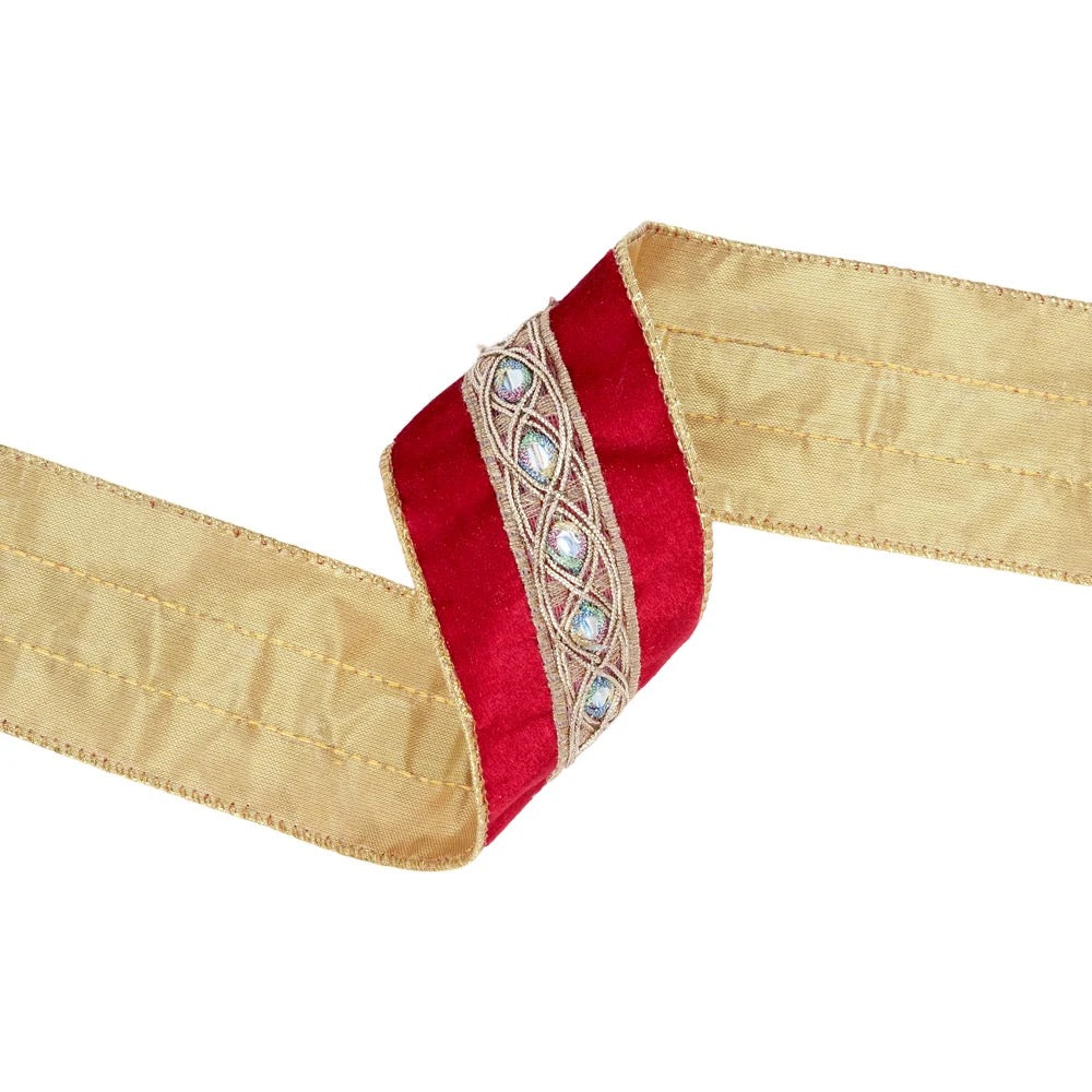 2 1/2" Wired Velvet Ribbon | Red with Gold Trim and Iridescent Jewel | 10 Yard Spool
