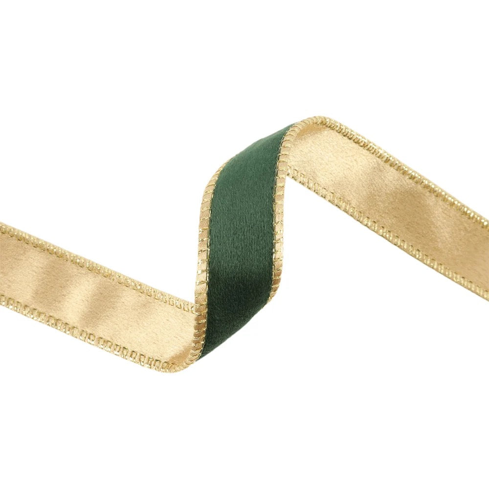 1" Reversible Classic Velvet Wired Ribbon | Green/Gold | 10 Yard Roll