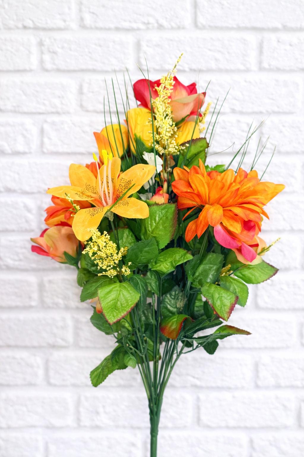 Artificial Orange & Yellow Floral Bush, Faux Fall Flowers with Greenery - CS12018A