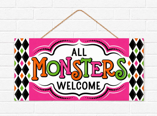 Halloween All Monsters Welcome Sign 12.5” x 6” MDF Door Hanger Sign - AP7459K4