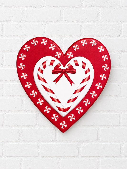 12"Sq Metal Candy Cane Heart Sign - MD137630
