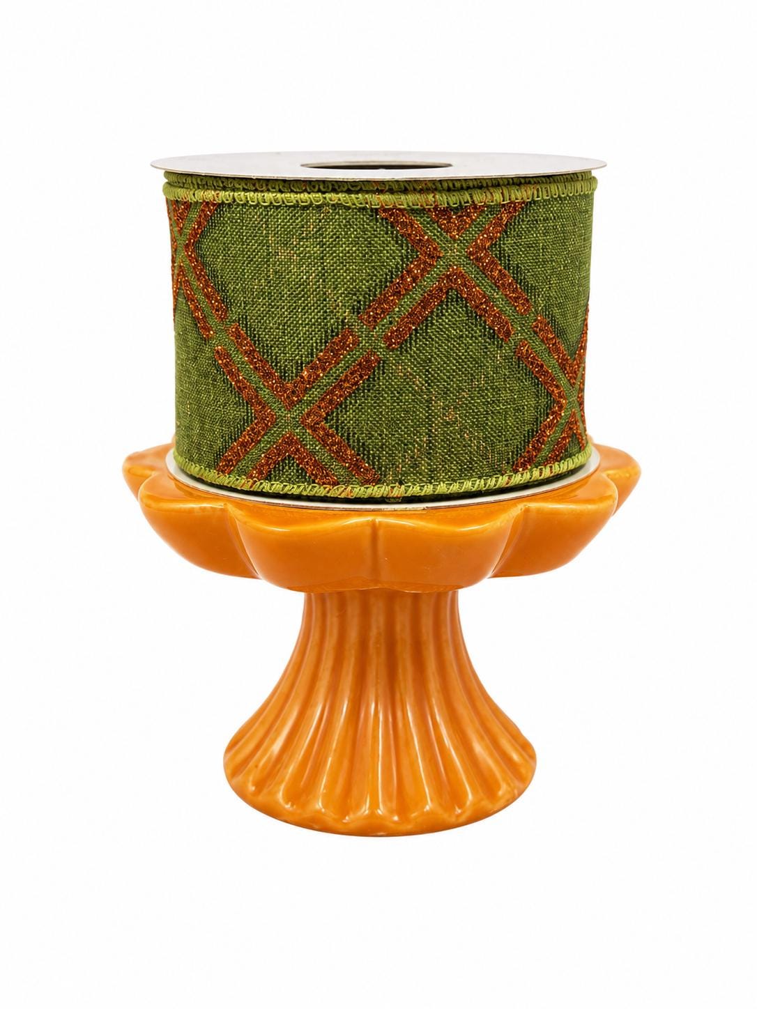 2.5” Olive Green & Orange Glitter Plaid Wired Ribbon - 93021W-044-40F